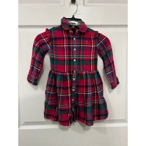 Polo Ralph Lauren Girls Pink Green Plaid Flannel Shirt Dress Ruffle Shoulder 4